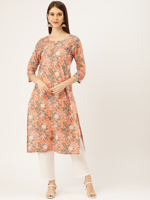 

Prakrti Women Peach-Coloured & White Ethnic Jaal Print & Sequinned Kurta with Trousers