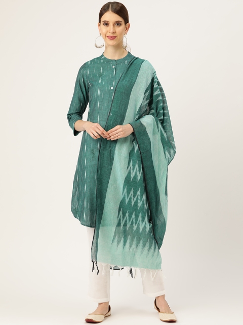 

Prakrti Women Green & White Pochampally Ikat Printed Sustainable Kurta with Trousers & Dupatta