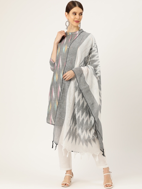 

Prakrti Women Grey & White Pochampally Ikat Printed Sustainable Kurta with Trousers & Dupatta