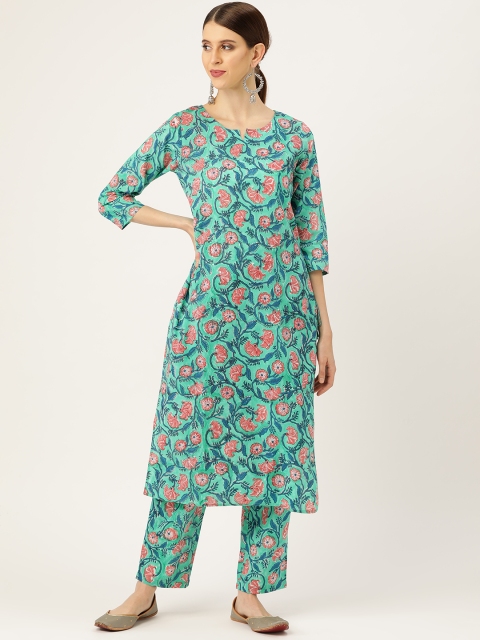 

Prakrti Women Green & Blue Floral Jaal handblock Printed Sustainable Kurta with Trousers