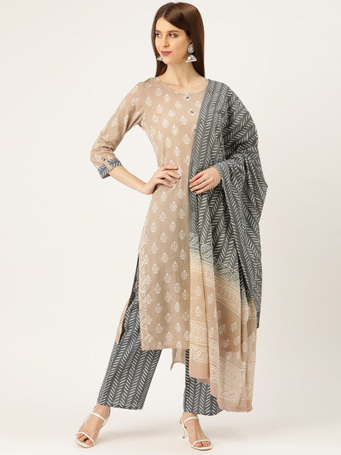 

Prakrti Women Beige & Grey Hand Block Buti Print Sustainable Kurta with Trousers & Dupatta