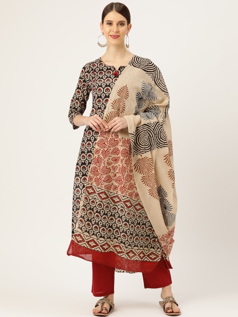 

Prakrti Women Black & Maroon Pure Cotton Daabu Printed Sustainable Kurta with Trousers & Dupatta