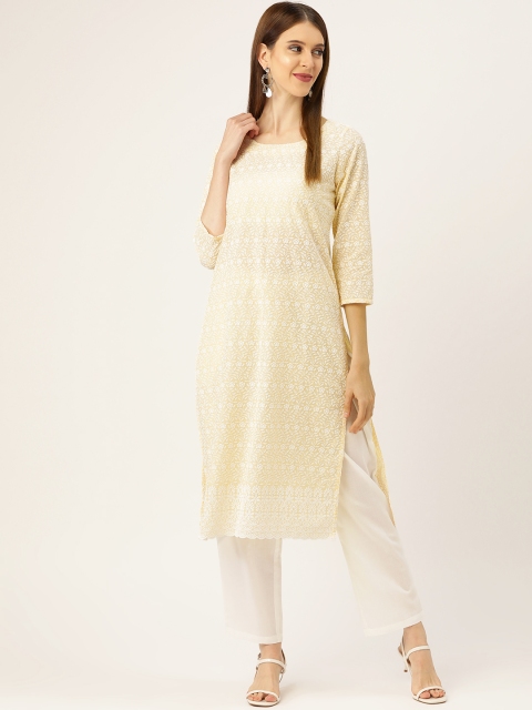 

Prakrti Women Yellow & White Chikankari Embroidered Kurta with Trousers