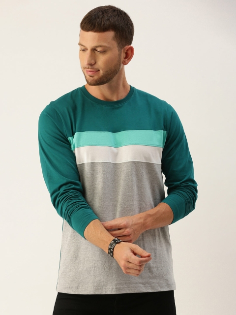 

DILLINGER Men Grey Teal Blue Colourblocked Round Neck Pure Cotton T-shirt