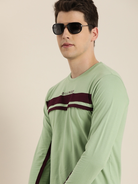 

DILLINGER Men Sea Green Maroon Striped Round Neck Pure Cotton T-shirt