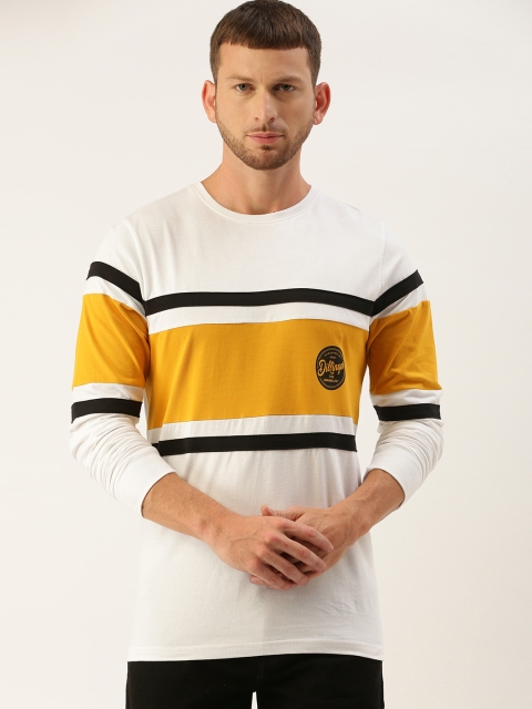 

DILLINGER Men White Mustard Yellow Colourblocked Round Neck Pure Cotton T-shirt