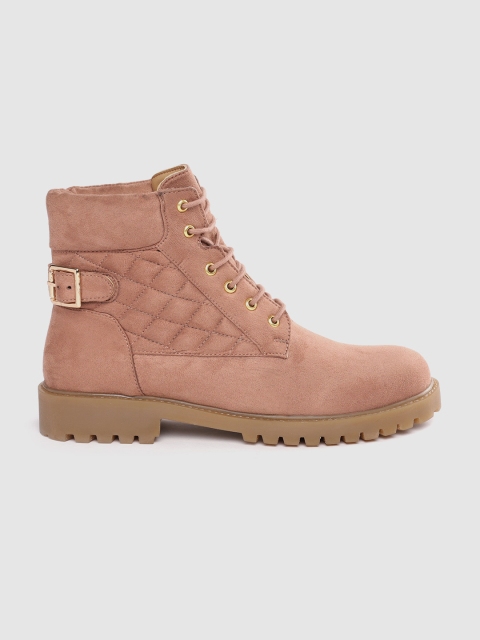 

DressBerry Women Pink Solid Suede Finish Mid-Top Flat Boots with Quilted & Buckle Detail