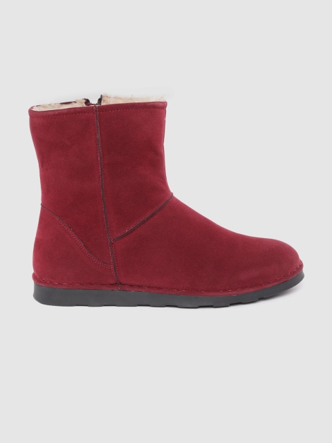 

DressBerry Women Maroon Solid Suede Finish Mid-Top Flat Boots with Faux Fur Lining