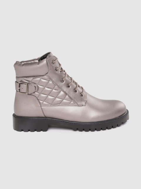 

DressBerry Women Gunmetal-Toned Solid Mid-Top Flat Boots with Quilted Detail, Metallic