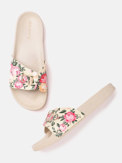 

DressBerry Women Cream-Coloured & Pink Floral Print Open Toe Flats with Buckle Detail