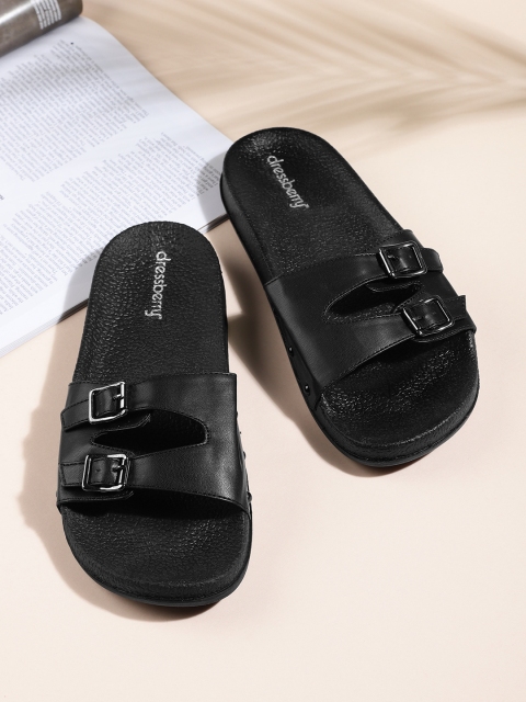 

DressBerry Women Black Solid Sliders with Buckle Detail