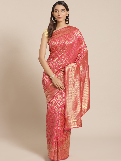 

Mitera Pink & Golden Zari Ethnic Woven Design Banarasi Saree