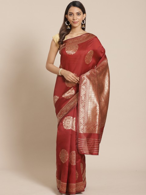 

Mitera Maroon & Golden Zari Ethnic Woven Design Banarasi Saree