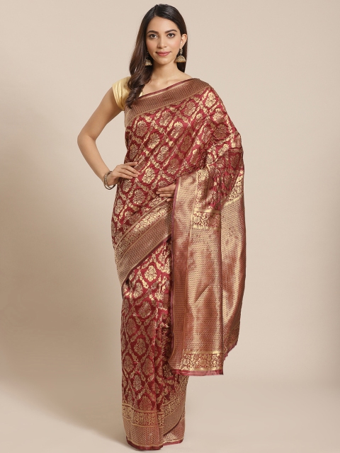 

Mitera Maroon & Golden Zari Ethnic Motifs Woven Design Banarasi Saree