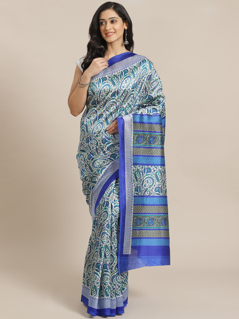 

Mitera White & Blue Paisley Printed Saree