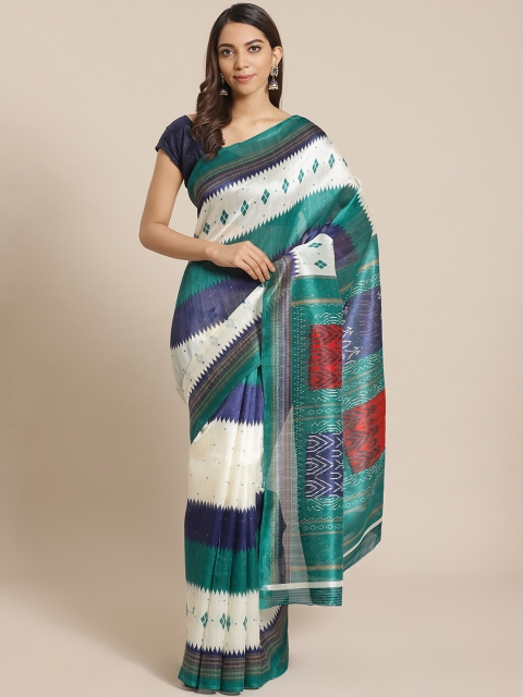

Mitera Off-White & Teal Green Striped Saree