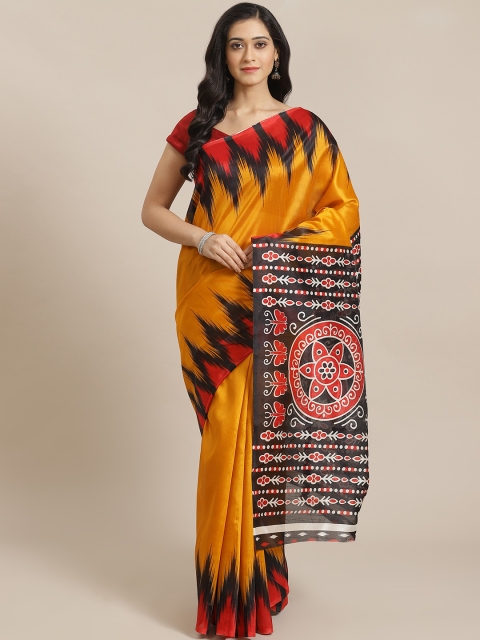 

Mitera Mustard Yellow & Black Solid Saree