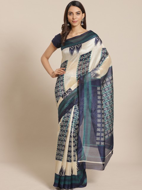 

Mitera Off-White & Navy Blue Printed Bhagalpuri Saree