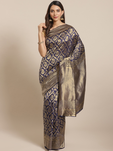 

Mitera Navy Blue & Golden Zari Ethnic Motifs Woven Design Banarasi Saree