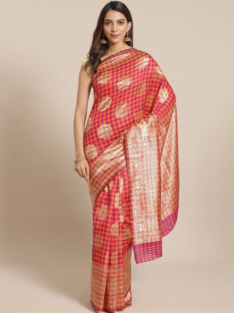 

Mitera Orange & Golden Checked Banarasi Saree