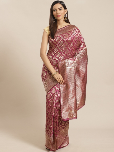 

Mitera Magenta & Golden Zari Ethnic Woven Design Banarasi Saree