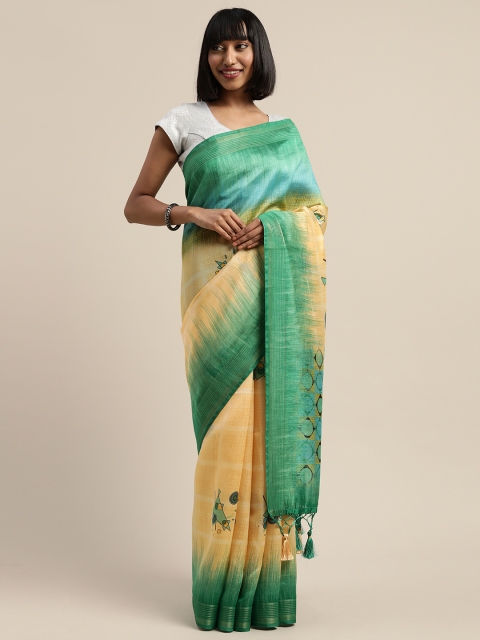 

Rajnandini Yellow & Green Silk Blend Printed Saree