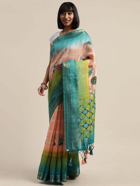 

Rajnandini Peach-Coloured & Green Silk Blend Printed Saree