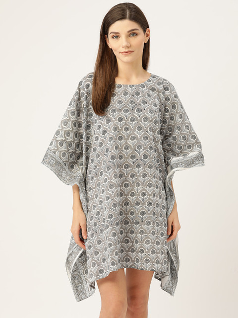 

Prakrti Women Grey & White Hand Block Floral Print Kaftan Mini Sustainable Nightdress