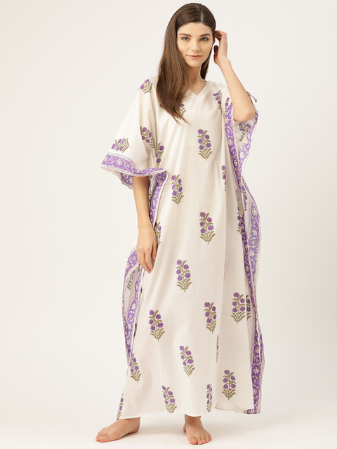 

Prakrti Women White & Purple Hand Block Boota Print Kaftan Maxi Sustainable Nightdress