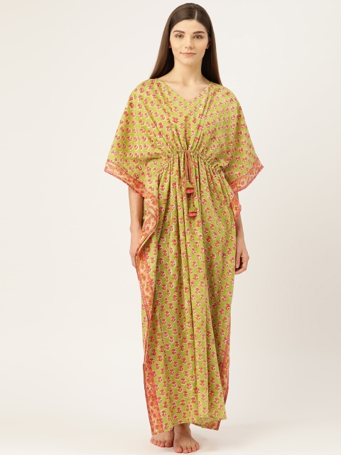 

Prakrti Green & Red Handblock Print Kaftan Sustainable Nightdress