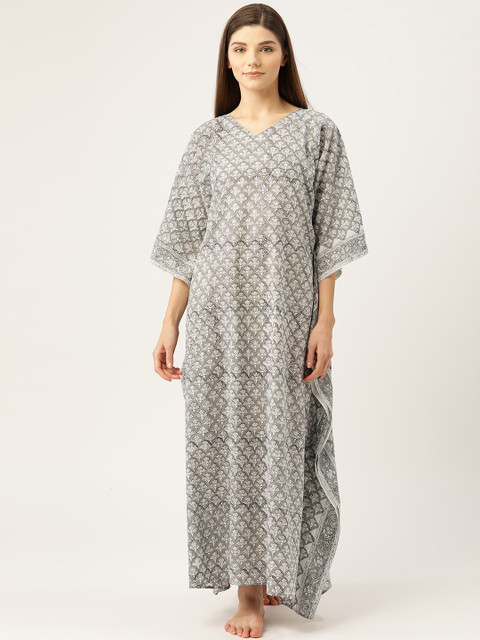 

Prakrti Women Grey & White Hand Block Floral Print Kaftan Maxi Nightdress