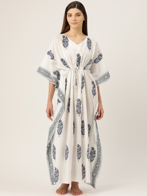 

Prakrti White & Navy Blue Handblock Print Kaftan Sustainable Nightdress