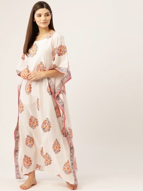 

Prakrti Women White & Yellow Hand Block Traditional Boota Print Kaftan Maxi Nightdress
