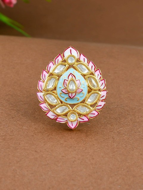 

Imittire Women Turquoise Blue & Pink Gold-Plated Meenakari Cocktail Ring