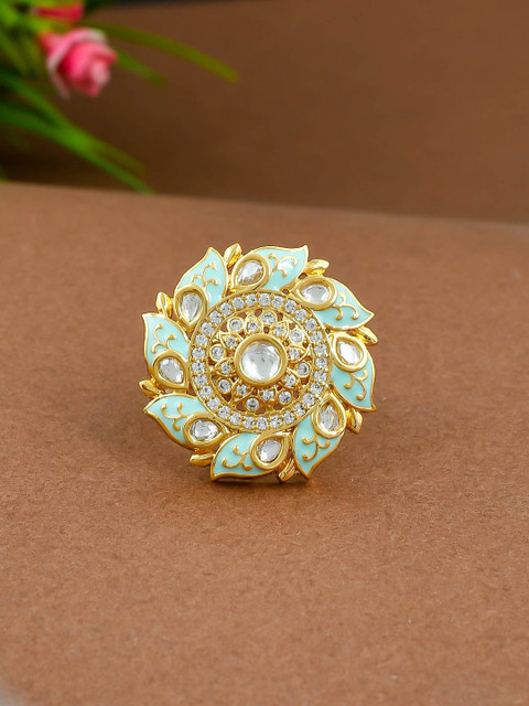 

Imittire Women Gold-Plated Green & White Stone Studded Finger Ring