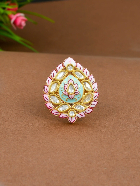 

Imittire Women Green & Pink Gold Plated Floral Meenakari Cocktail Ring