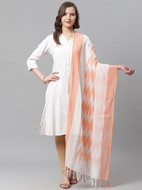 

Juniper Peach-Coloured & White Ikat Printed Bhagalpuri Dupatta
