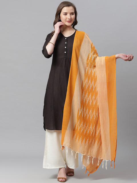 

Juniper Mustard Yellow & Beige Woven Design Bhagalpuri Ikat Dupatta