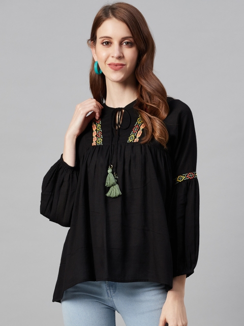 

Juniper Women Black Solid Pure Cotton A-Line Top