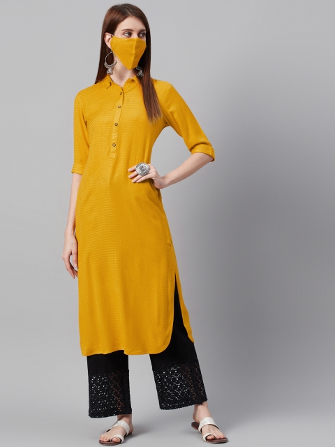 

Juniper Women Mustard Yellow Liva Dobby Weaved Pathani Kurta