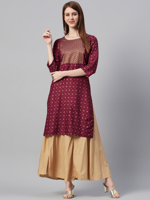 

Juniper Women Maroon & Golden Liva Foil Print Straight Kurta