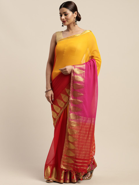 

Mitera Yellow & Red Poly Chiffon Colourblocked Kanjeevaram Half and Half Saree