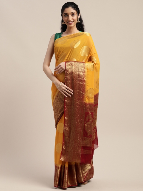 

Mitera Mustard Yellow Poly Chiffon Woven Design Kanjeevaram Saree