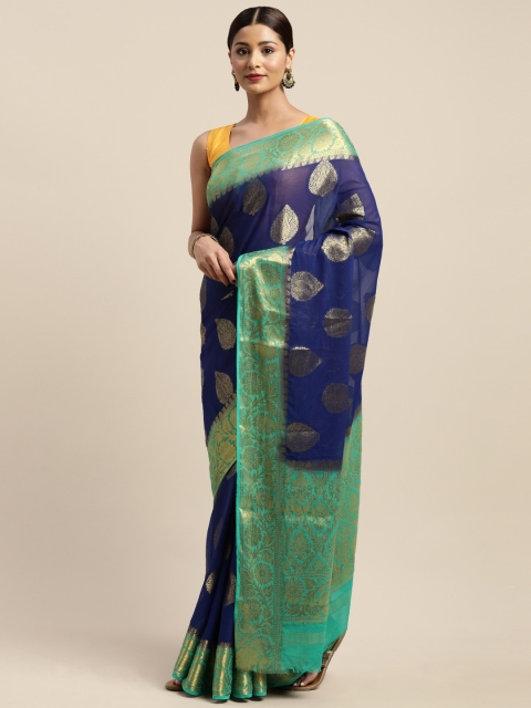 

Mitera Navy Blue & Sea Green Ethnic Motifs Woven Design Kanjeevaram Saree