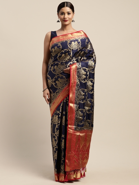 

Mitera Navy Blue & Gold-Toned Art Silk Woven Design Kanjeevaram Saree