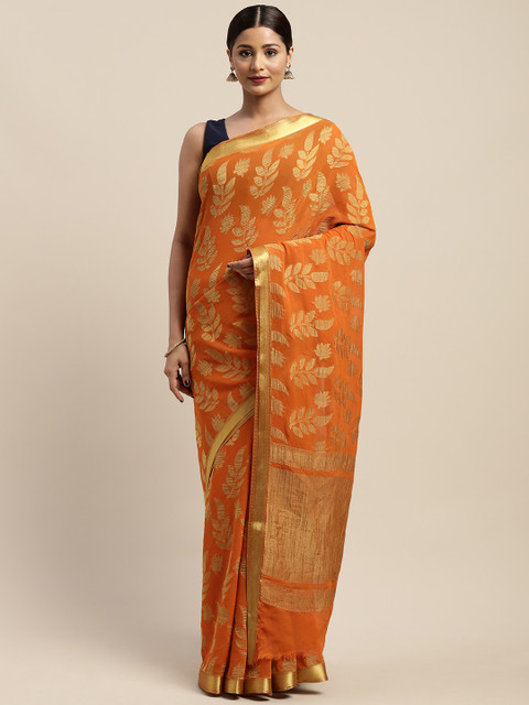 

Mitera Orange & Golden Woven Design Kanjeevaram Saree