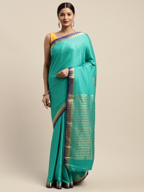 

Mitera Turquoise Blue & Gold-Toned Poly Crepe Woven Design Kanjeevaram Saree