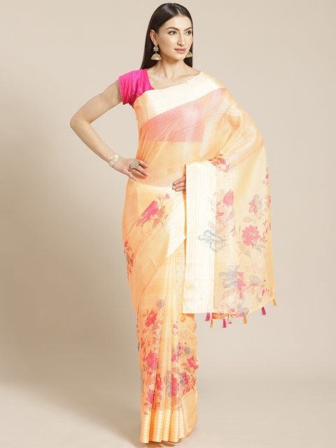 

KALINI Peach-Coloured & Pink Floral Print Kota Saree