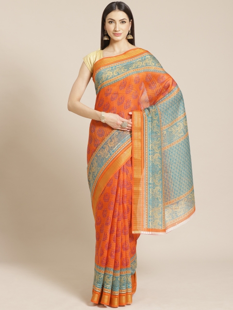 

KALINI Orange & Teal Blue Ethnic Printed Kota Saree