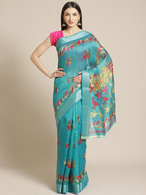 

KALINI Teal Blue & Mustard Yellow Birds & Floral Printed Saree